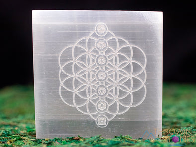 SELENITE Charging Plate - White Laser Engraved Chakra Flower of Life Square - Crystal Charging Plate, Crystal Tray, E1903-Throwin Stones