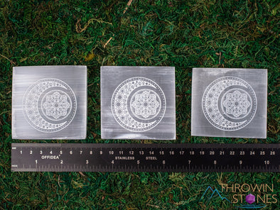 SELENITE Charging Plate - White Laser Engraved Crescent Moon Mandala Square - Crystal Charging Plate, Crystal Tray, E1891-Throwin Stones