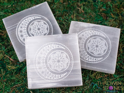 SELENITE Charging Plate - White Laser Engraved Crescent Moon Mandala Square - Crystal Charging Plate, Crystal Tray, E1891-Throwin Stones