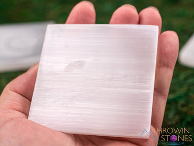 SELENITE Charging Plate - White Laser Engraved Crescent Moon Mandala Square - Crystal Charging Plate, Crystal Tray, E1891-Throwin Stones