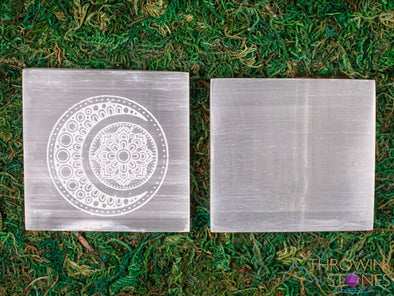SELENITE Charging Plate - White Laser Engraved Crescent Moon Mandala Square - Crystal Charging Plate, Crystal Tray, E1891-Throwin Stones