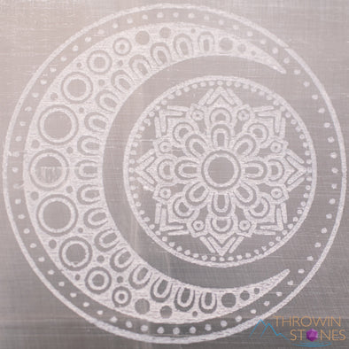 SELENITE Charging Plate - White Laser Engraved Crescent Moon Mandala Square - Crystal Charging Plate, Crystal Tray, E1891-Throwin Stones