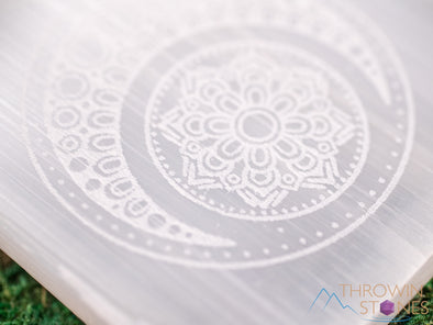 SELENITE Charging Plate - White Laser Engraved Crescent Moon Mandala Square - Crystal Charging Plate, Crystal Tray, E1891-Throwin Stones