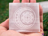 SELENITE Charging Plate - White Laser Engraved Crescent Moon Mandala Square - Crystal Charging Plate, Crystal Tray, E1891-Throwin Stones