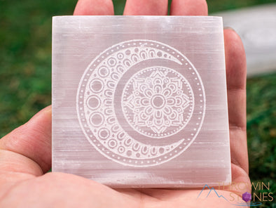 SELENITE Charging Plate - White Laser Engraved Crescent Moon Mandala Square - Crystal Charging Plate, Crystal Tray, E1891-Throwin Stones