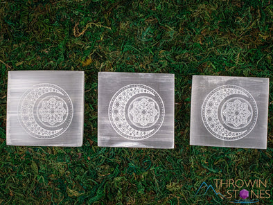 SELENITE Charging Plate - White Laser Engraved Crescent Moon Mandala Square - Crystal Charging Plate, Crystal Tray, E1891-Throwin Stones