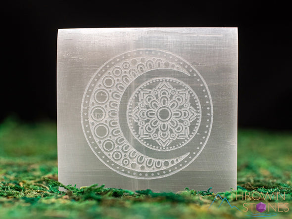 SELENITE Charging Plate - White Laser Engraved Crescent Moon Mandala Square - Crystal Charging Plate, Crystal Tray, E1891-Throwin Stones