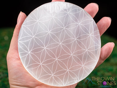 SELENITE Charging Plate - White Laser Engraved Flower of Life Disc - Crystal Charging Plate, Crystal Tray, E1902-Throwin Stones