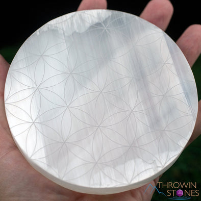 SELENITE Charging Plate - White Laser Engraved Flower of Life Disc - Crystal Charging Plate, Crystal Tray, E1902-Throwin Stones