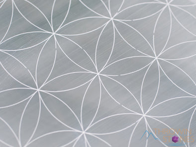 SELENITE Charging Plate - White Laser Engraved Flower of Life Disc - Crystal Charging Plate, Crystal Tray, E1902-Throwin Stones