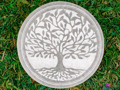 SELENITE Charging Plate - White Laser Engraved Tree of Life Disc - Crystal Charging Plate, Crystal Tray, E1898-Throwin Stones
