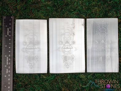 SELENITE Charging Plate - White Laser Engraved Triple Moon Rectangle - Crystal Charging Plate, Crystal Tray, E1909-Throwin Stones