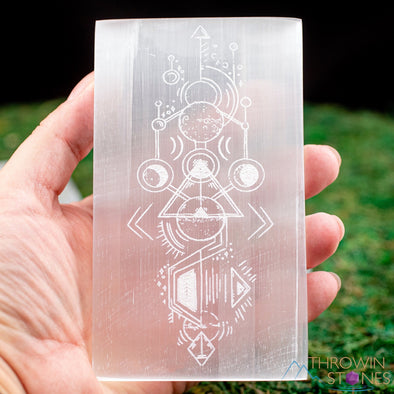 SELENITE Charging Plate - White Laser Engraved Triple Moon Rectangle - Crystal Charging Plate, Crystal Tray, E1909-Throwin Stones