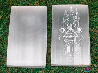SELENITE Charging Plate - White Laser Engraved Triple Moon Rectangle - Crystal Charging Plate, Crystal Tray, E1909-Throwin Stones