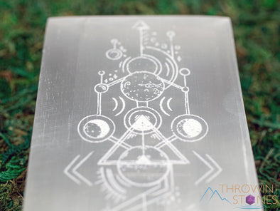 SELENITE Charging Plate - White Laser Engraved Triple Moon Rectangle - Crystal Charging Plate, Crystal Tray, E1909-Throwin Stones