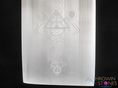 SELENITE Charging Plate - White Laser Engraved Triple Moon Rectangle - Crystal Charging Plate, Crystal Tray, E1909-Throwin Stones