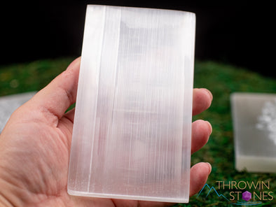 SELENITE Charging Plate - White Laser Engraved Triple Moon Rectangle - Crystal Charging Plate, Crystal Tray, E1909-Throwin Stones