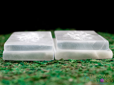 SELENITE Charging Plate - White Laser Engraved Triple Moon Rectangle - Crystal Charging Plate, Crystal Tray, E1909-Throwin Stones