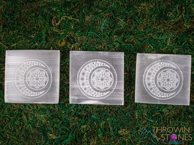 SELENITE Charging Plate - White Square, Crescent Moon, Mandala - Selenite Plate, Crystal Charging Plate, Crystal Tray, E1891-Throwin Stones