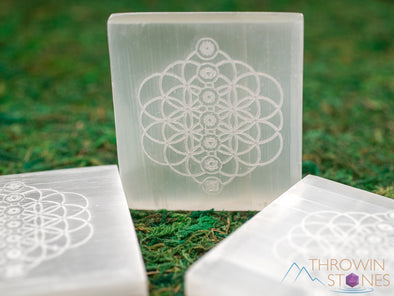 SELENITE Charging Plate - White Square, Flower of Life, Chakra - Selenite Plate, Crystal Charging Plate, Crystal Tray, E1903-Throwin Stones