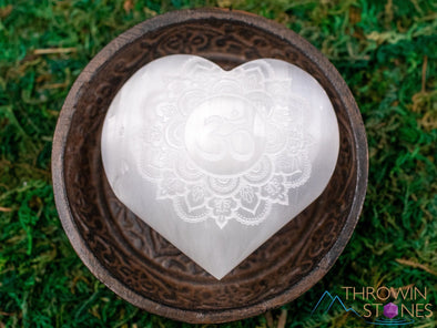 SELENITE Crystal Heart - Om Mandala - Self Care, Home Decor, Healing Crystals and Stones, E1890-Throwin Stones