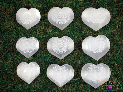 SELENITE Crystal Heart - Om Mandala - Self Care, Home Decor, Healing Crystals and Stones, E1890-Throwin Stones