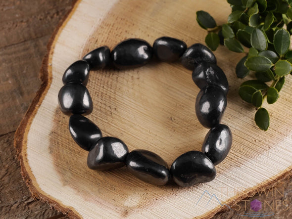 SHUNGITE Crystal Bracelet - Tumbled Beads - Beaded Bracelet, EMF Protection, Handmade Jewelry, Healing Crystal Bracelet, E0277-Throwin Stones