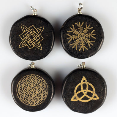 SHUNGITE Crystal Pendant - Engraved, Sacred Geometry, Mandalas - Handmade Jewelry, EMF Protection, E2116-Throwin Stones