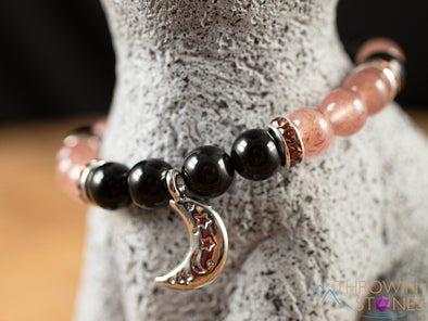 STRAWBERRY QUARTZ & Rainbow OBSIDIAN Crystal Bracelet - Crescent Moon Charm, Round Beads - Charm Bracelet, Beaded Bracelet, Handmade Jewelry, E1983-Throwin Stones