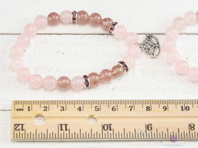 STRAWBERRY & ROSE QUARTZ Crystal Bracelet - Lotus Flower, Round Beads - Charm Bracelet, Beaded Bracelet, Handmade Jewelry, E0971-Throwin Stones