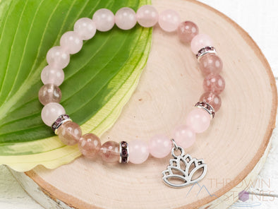 STRAWBERRY & ROSE QUARTZ Crystal Bracelet - Lotus Flower, Round Beads - Charm Bracelet, Beaded Bracelet, Handmade Jewelry, E0971-Throwin Stones