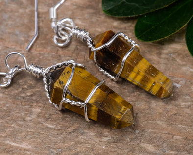 TIGERS EYE Crystal Earrings - Crystal Points Dangle Drop Earrings, Wire Wrapped Gemstone Handmade Jewelry, E0551-Throwin Stones