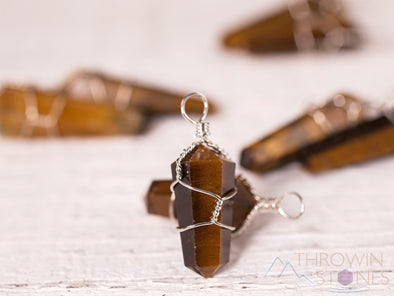 TIGERS EYE Crystal Pendant - Wire Wrapped Crystal Necklace, Crystal Points, Handmade Jewelry, E1422-Throwin Stones
