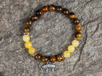 TIGERS EYE & Honey JADE Crystal Bracelet with Elephant Charm - Beaded Gemstone Handmade Jewelry Gift for Her, E2201-Throwin Stones