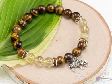 TIGERS EYE & Rutilated QUARTZ Crystal Bracelet - Elephant Charm, Round Beads - Charm Bracelet, Beaded Bracelet, Handmade Jewelry, E0973-Throwin Stones