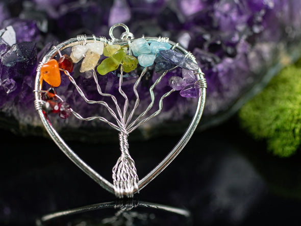 Tree of Life Pendant, CHAKRA Crystal Pendant - Heart - Tree of Life Chakra Necklace, Wire Wrapped Jewelry, E0909-Throwin Stones