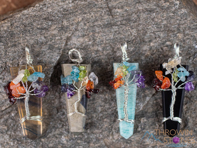 Tree of Life Pendant, CHAKRA Crystal Points Pendant - Amazonite, Onyx, Pyrite, Fluorite - Wire Wrapped Jewelry, E2016-Throwin Stones