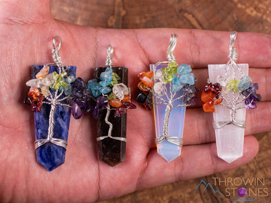 Tree of Life Pendant, CHAKRA Crystal Points Pendant - Amethyst, Opalite, Sodalite, Smoky Quartz, Selenite - Wire Wrapped Jewelry, E1921-Throwin Stones
