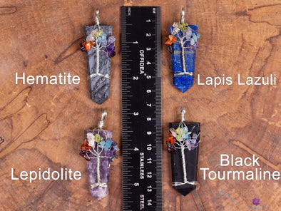 Tree of Life Pendant, CHAKRA Crystal Points Pendant - Lepidolite, Hematite, Black Tourmaline, Lapis Lazuli - Wire Wrapped Jewelry, E2147-Throwin Stones