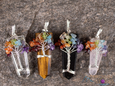 Tree of Life Pendant, CHAKRA Crystal Points Pendant - Tiger's Eye, Clear Quartz, Rose Quartz, Shungite - Wire Wrapped Jewelry, E2017-Throwin Stones