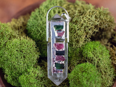 WATERMELON TOURMALINE & Clear QUARTZ Crystal Pendant - Crystal Points, Handmade Jewelry, Healing Crystals and Stones, E2054-Throwin Stones