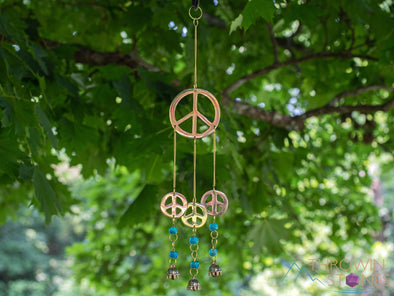 WIND CHIME - Peace Sign, Glass Beads, Gold, Bells - Windchime for Outdoors, Home Decor, E1884-Throwin Stones