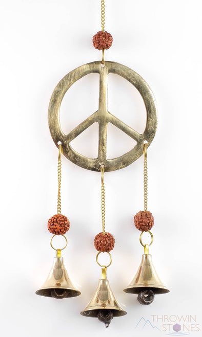 WIND CHIME - Peace Sign, RUDRAKSHA Beads, Gold, Bells - Windchime for Outdoors, Home Decor, E1103-Throwin Stones