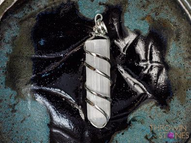 White SELENITE Crystal Pendant - Wire Wrapped Crystal Necklace, Crystal Points, Handmade Jewelry, E2068-Throwin Stones